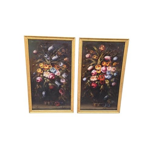 Decorative pair of oil on canvas paintings depicting floral bouquets, signed by the artist J. Palomar and dated 1964,...