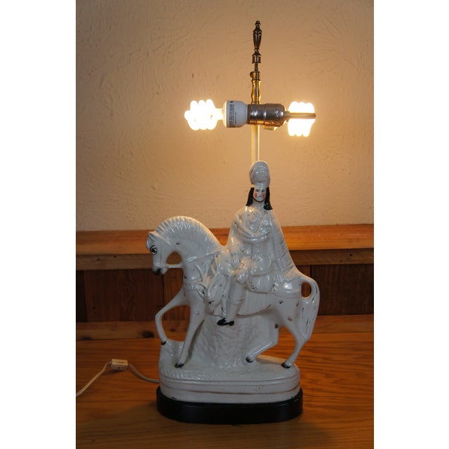 Staffordshire Antique Staffordshire Scottish Highlander Horse Deer Stag Hunt Table Lamp For Sale - Image 4 of 12