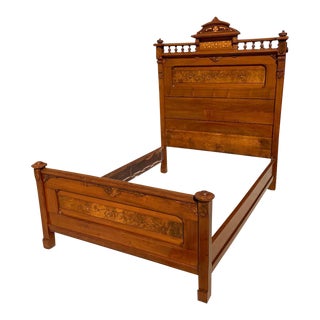 Antique Eastlake Walnut and Burl Inlay, Stick and Ball Full Size Bed For Sale