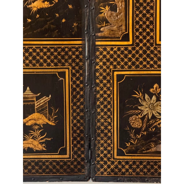 19th Century English Tooled Leather Chinoiserie Four-Panel Folding Screen For Sale - Image 9 of 9