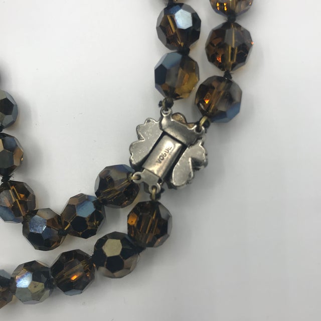 Miriam Haskell 1950s Signed Vogue Chocolate Brown Aurora Borealis Double-Strand Necklace With Rose Clasp For Sale - Image 4 of 6