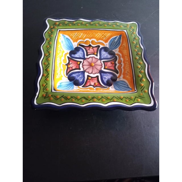 Vintage Hand-Painted Talavera Mexico Square Bowl For Sale - Image 4 of 8