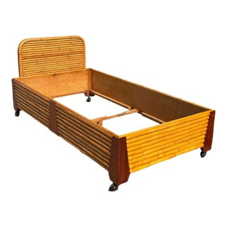 Restored Art Deco Geometric Stacked Rattan Bed and Mahogany Twin Bed Frame For Sale