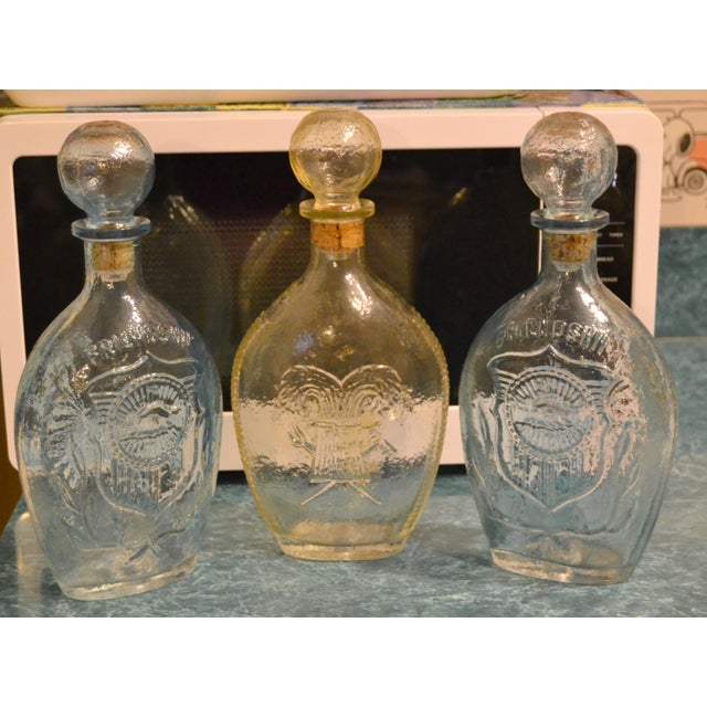 Glass Mid-20th Century American Blown Glass Flasks Decanter Bottles Friendship Horn of Plenty Blue Amber - Set of 3 For Sale - Image 7 of 18
