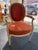 This is a vintage French salmon suede side chair. It is Louis XVI Style. It is fruitwood. It has nailhead studded details....