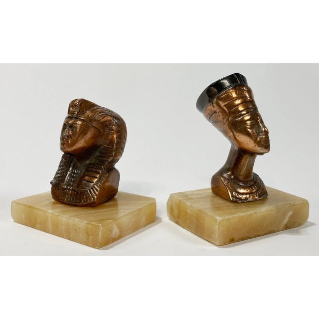 Vintage Egyptian King Tut and Queen Nefertiti Busts on Stone Bases, a Pair For Sale - Image 10 of 10