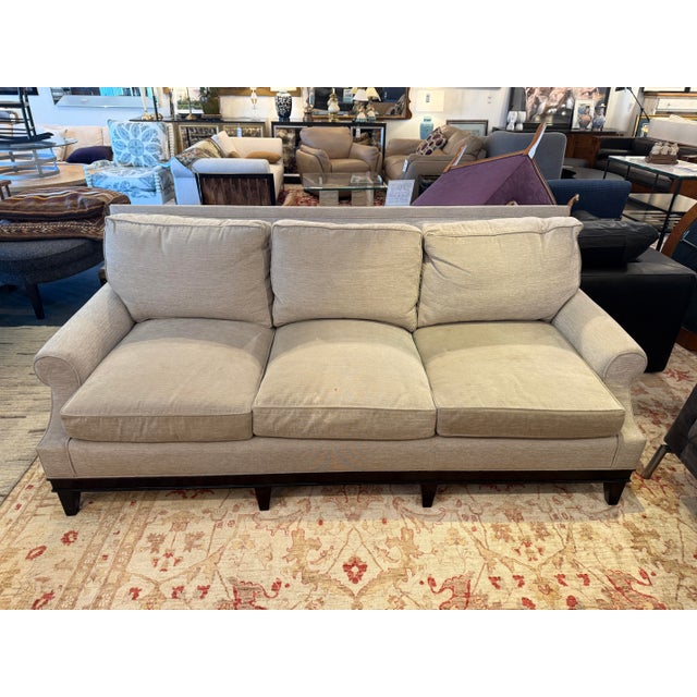 Design Plus Gallery presents a Bespoke Heathered Taupe Twill Sofa of Bench Craftsmanship. It has a nice, tailored profile...