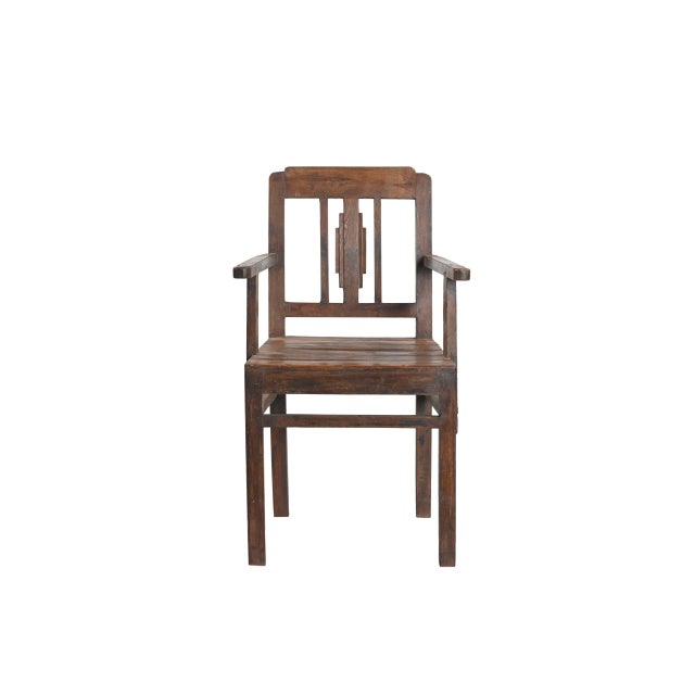 Vintage Indian Mid-century Teakwood Chair, with an arc hitectural shaped center splat, sturdy and comfortable. 34Hx21x18