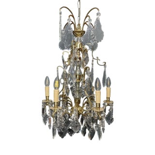 French Six-Arm Brass and Glass Chandelier For Sale