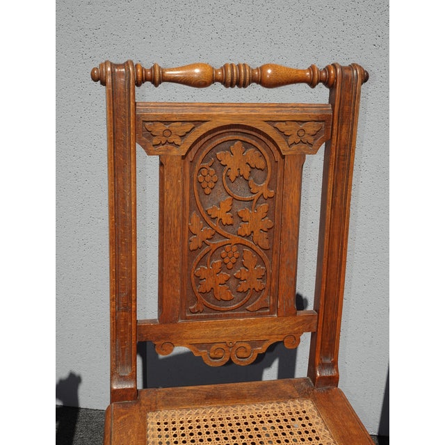 Set of Four Antique Jacobean Oak Cane Dining Chairs W Carved Backrests For Sale In Los Angeles - Image 6 of 12