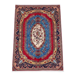 Vintage Persian Kerman Rug – Floral Oval Design, Red, Blue & Gold Accents 8'6 X 11'1 Ft For Sale
