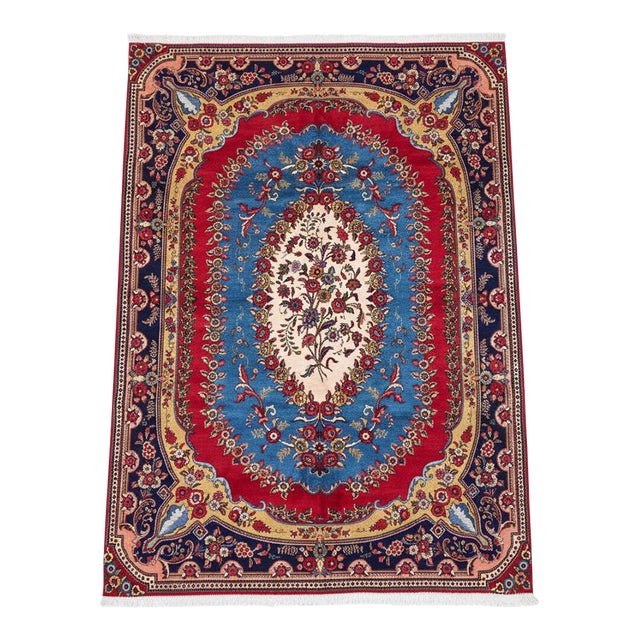 Vintage Persian Kerman Rug – Floral Oval Design, Red, Blue & Gold Accents 8'6 X 11'1 Ft For Sale
