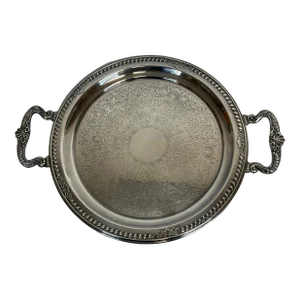 Vintage English Hollywood Regency Silverplate Round Butler Serving Tray