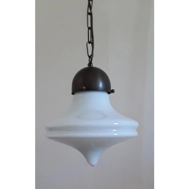 Vintage Pendant Lamp with Brass Assembly & Opaque White Glass Screen, 1970s For Sale - Image 3 of 7