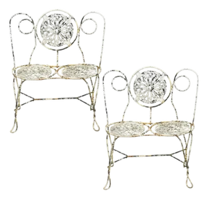 Antique Victorian French Wrought Iron Small Garden Patio Bench Plant Seat, Pair