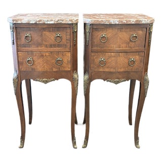 Antique French Walnut & Marble Top Night Stands -a Pair For Sale
