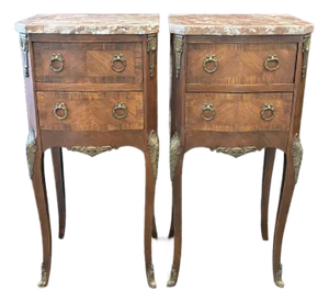 Antique French Walnut & Marble Top Night Stands -a Pair