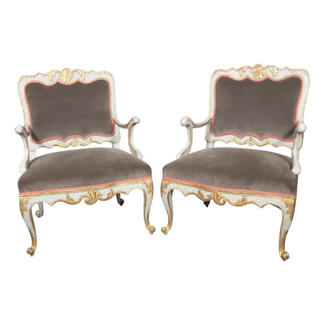 Pair of Italian Rococo Blue Painted Armchairs For Sale