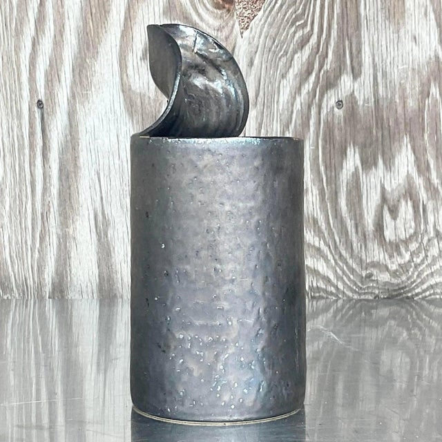 Vintage Brutalist Sculptural Black Studio Pottery Vase For Sale - Image 13 of 13