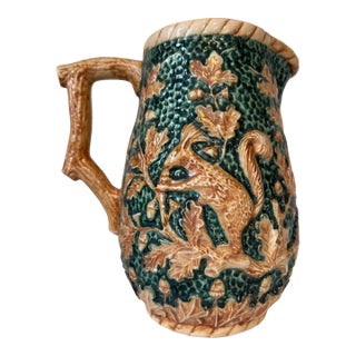Vintage Majolica Pottery Pitcher Squirrel With Tree Branch Handle For Sale