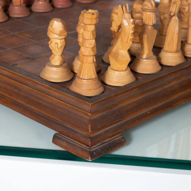 Vintage Hand-Carved Wood and Leather Chess Set For Sale - Image 9 of 11