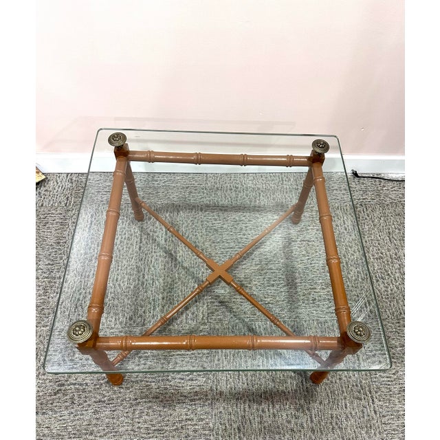 Hollywood Regency 1970s Vintage Faux Bamboo Wood & Glass Coffee Table For Sale - Image 3 of 12