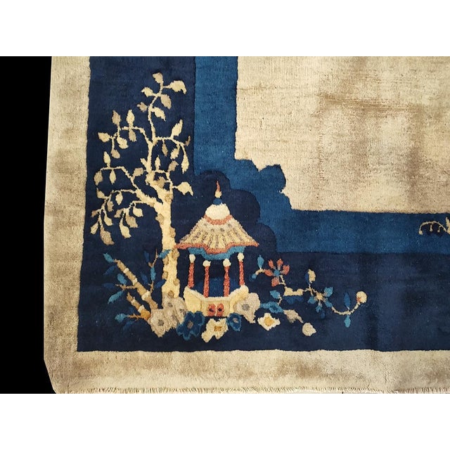 1930s Beige Floral Antique Chinese Peking Rug 8'0"x 9'8" Handknotted Wool Carpet For Sale - Image 4 of 4