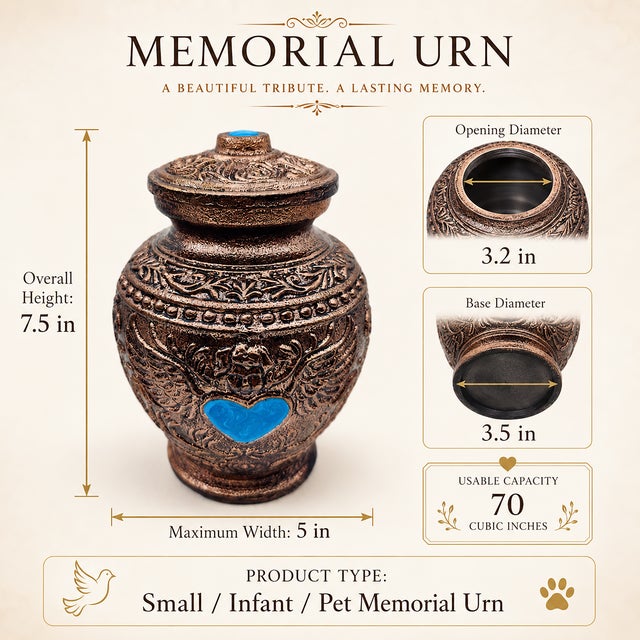Art Deco Aura Angel Wings Turquoise Heart Keepsake Cremation Urn Metal Antique Copper Finish For Sale - Image 3 of 9