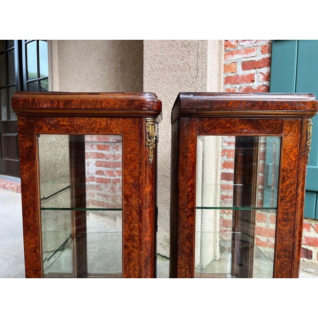 Wood Pair Antique French Glass Vitrine Display Cabinets Burl Mahogany Mirror C1900 For Sale - Image 7 of 18