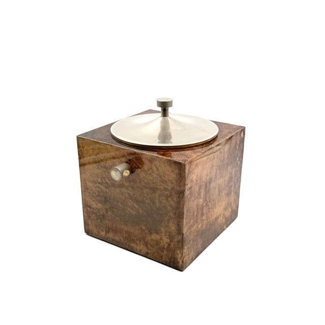 Wood 1950s Mid-Century Brown Parchment Ice Bucket, Aldo Tura, Italy For Sale - Image 7 of 15