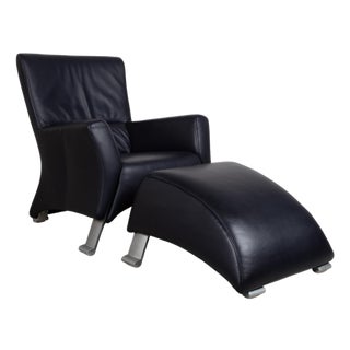 322 Leather Armchair Set in Blue with Ottoman by Rolf Benz, Set of 2 For Sale