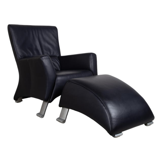 322 Leather Armchair Set in Blue with Ottoman by Rolf Benz, Set of 2 For Sale