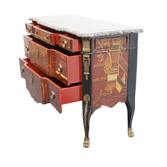Early 21st Century Maitland Smith Asian Chinoiserie Inspired Louis XV 50" Red & Gold Lacquered Three Drawer Chest W. Granite Top For Sale - Image 5 of 13