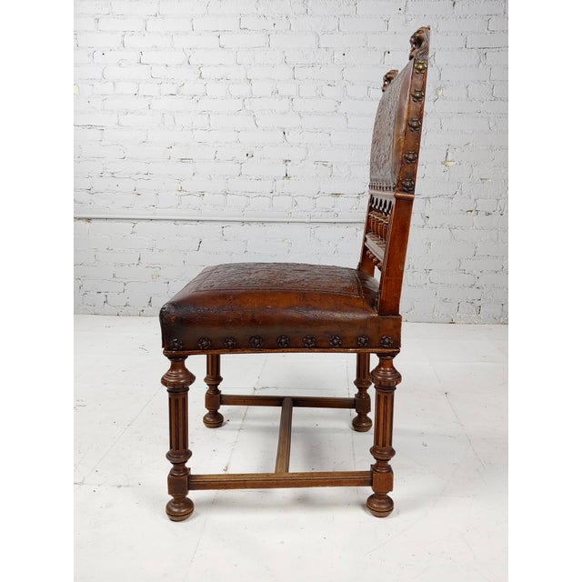 19th Century Spanish Revival Leather Embossed Dining Chairs Set of 4