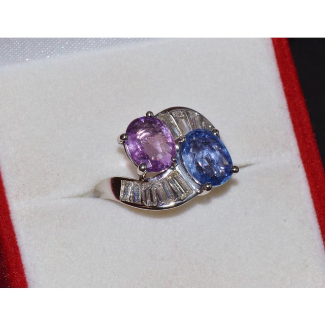 GIA Natural 6.24CTS VS F Diamond Blue And Pink Sapphire Platinum Bypass Ring Band, size 6.75 For Sale - Image 12 of 13