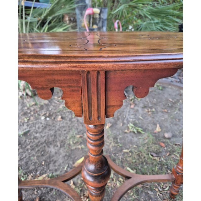 Antique Victorian Style Inlaid Oval Wooden Parlor Table With Turned Legs & Stretcher Base For Sale In Palm Springs - Image 6 of 10