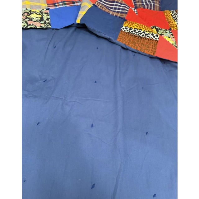 Vintage 70s Handmade Tied Patchwork Quilt Navy Blue 96x73” Full For Sale - Image 6 of 6