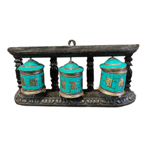 Vintage Tibetan Wall Hanging Teal and Black Prayer Wheel