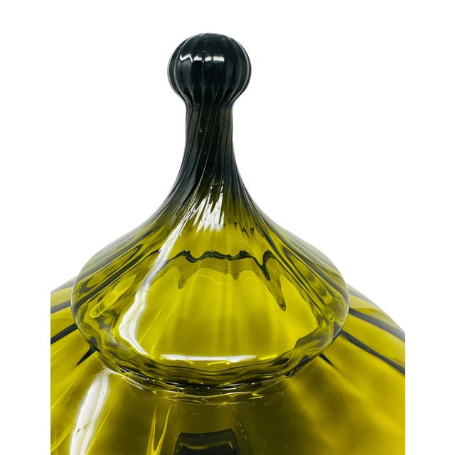 Vintage 1960s Large Italian Empoli Olive Green Glass Circus Tent Lidded Compote For Sale In Tampa - Image 6 of 13