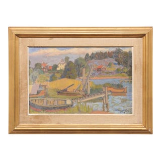 Swedish Waterfront Village Painting, c.1957 For Sale