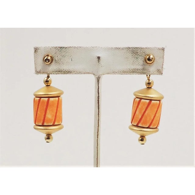 1980s 1985 Vintage Napier Hand Carved Orange Bead Pierced Earrings - 2 Pieces For Sale - Image 5 of 9