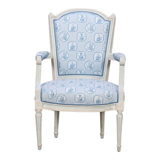 Painted French Louis XVI Style Open Armchair With New Fabric Circa 1900. For Sale