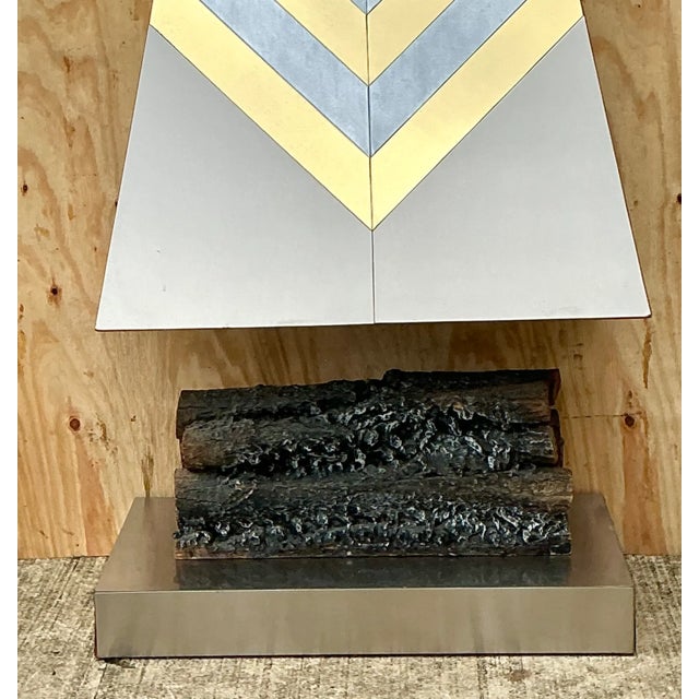 Vintage Boho Chevron Brass and Chrome Faux Fireplace For Sale - Image 4 of 10