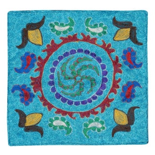 16"x16" Hand Embroidered Silk and Cotton Cushion Cover. Blue Toss Pillow Cover For Sale