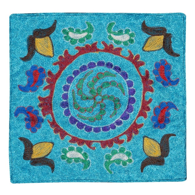16"x16" Hand Embroidered Silk and Cotton Cushion Cover. Blue Toss Pillow Cover For Sale