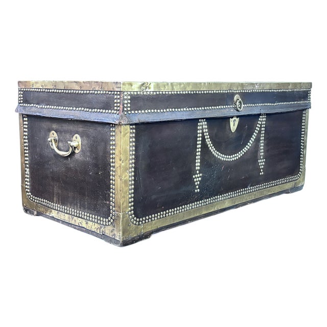 Early 19th Century Chinese Export Brown Leather & Brass Camphor Wood Trunk For Sale