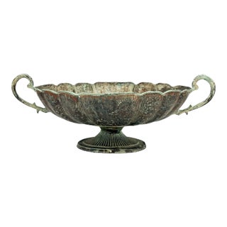 Vintage Verdigris Brass Scalloped Centerpiece Bowl With Scroll Handles - Neoclassical, Traditional, Classical For Sale