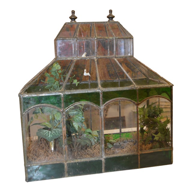 1970s Handcrafted Dome Top Stained Glass Terrarium Green & Copper W/ Single Door - Fairy Garden For Sale