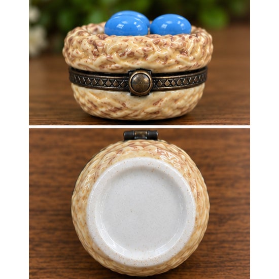 Hand-Painted Porcelain Bird Nest Hinged Trinket Box Blue Eggs & Miniature Bird For Sale - Image 4 of 4