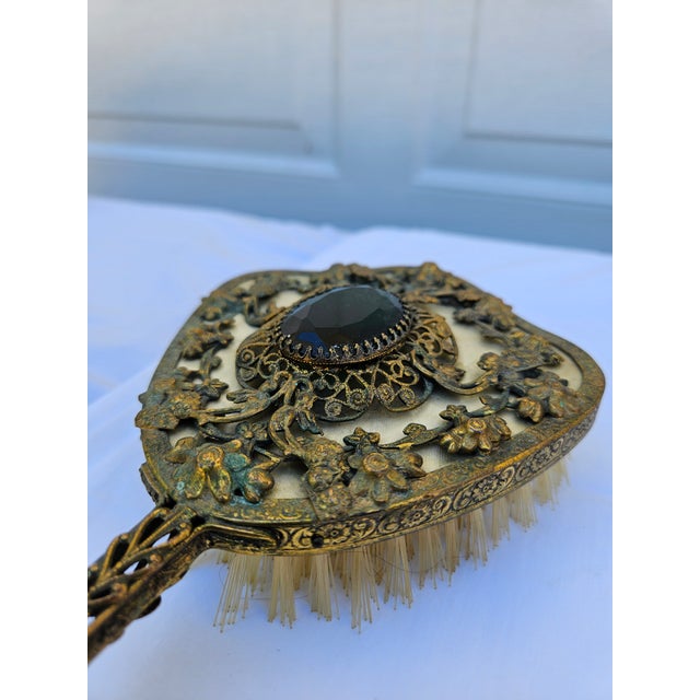 Venetian Brass Filigree Jeweled Mirror and Brush Set For Sale - Image 17 of 17